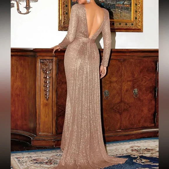 Luxe dusty pink party formal evening prom wedding mermaid hem sequins gown dress - Picture 5 of 7